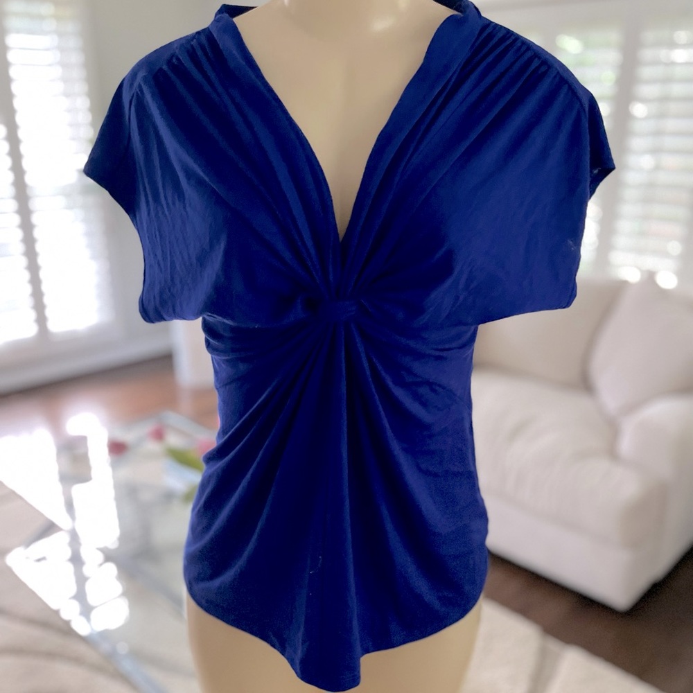 Electric blue drape front short sleeved shirt
